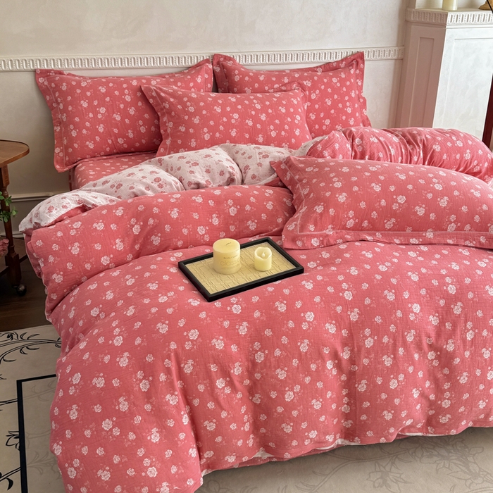 91家纺网 家纺一手货源 找家纺 江南春家纺【幻-暖纱】2025新款A类100%全棉色织提花双层纱四件套 【幻-暖纱】花间蝶舞-深粉