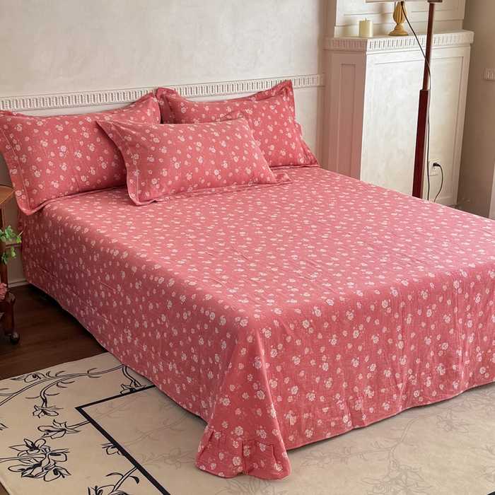 91家纺网 家纺一手货源 找家纺 江南春家纺【幻-暖纱】2025新款A类100%全棉色织提花双层纱四件套 【幻-暖纱】花间蝶舞-深粉