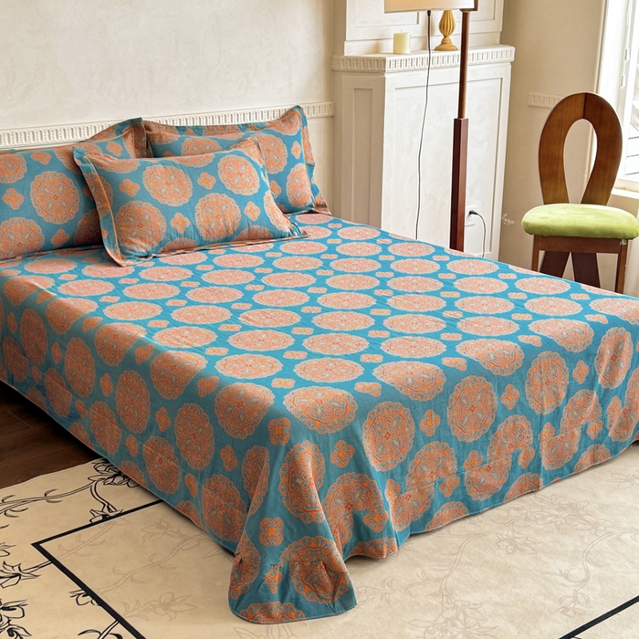 91家纺网 家纺一手货源 找家纺 江南春家纺【幻-暖纱】2025新款A类100%全棉色织提花双层纱四件套 【幻-暖纱】皇家风范-蓝桔