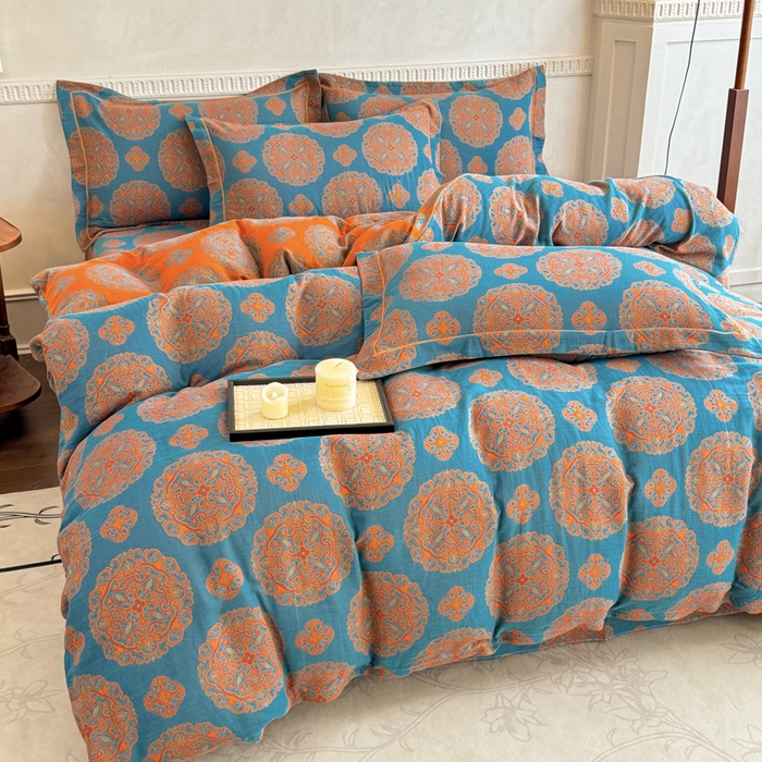 91家纺网 家纺一手货源 找家纺 江南春家纺【幻-暖纱】2025新款A类100%全棉色织提花双层纱四件套 【幻-暖纱】皇家风范-蓝桔