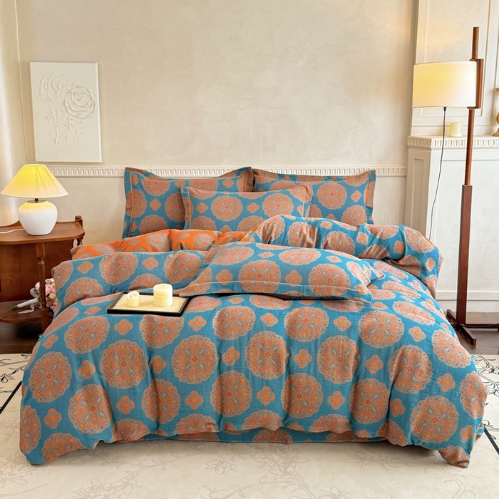 91家纺网 家纺一手货源 找家纺 江南春家纺【幻-暖纱】2025新款A类100%全棉色织提花双层纱四件套 【幻-暖纱】皇家风范-蓝桔