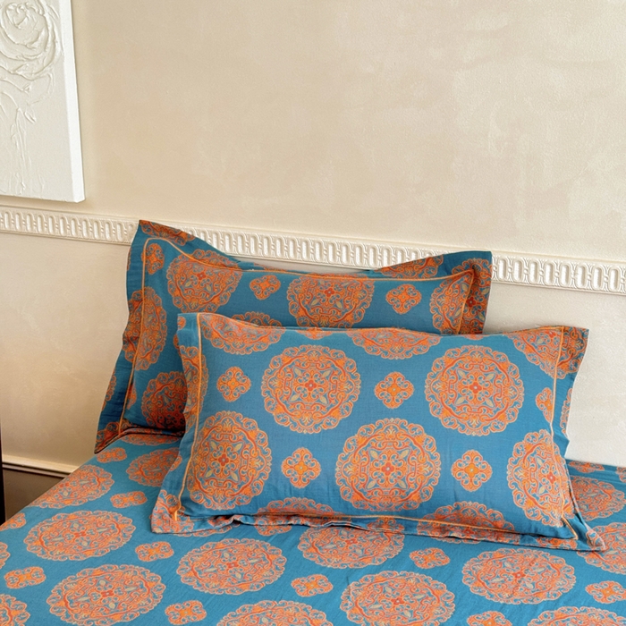 91家纺网 家纺一手货源 找家纺 江南春家纺【幻-暖纱】2025新款A类100%全棉色织提花双层纱四件套 【幻-暖纱】皇家风范-蓝桔