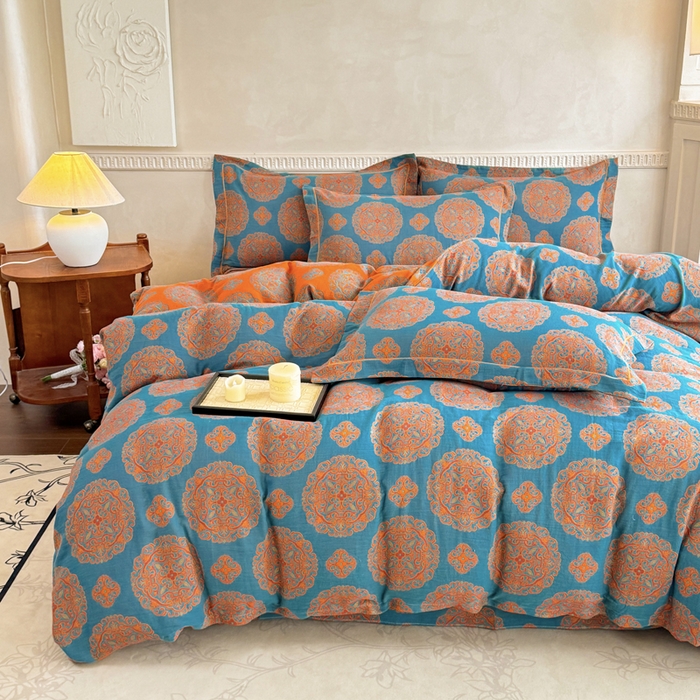 91家纺网 家纺一手货源 找家纺 江南春家纺【幻-暖纱】2025新款A类100%全棉色织提花双层纱四件套 【幻-暖纱】皇家风范-蓝桔