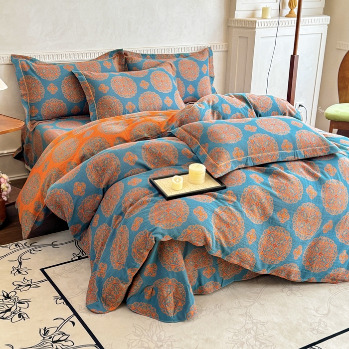 91家纺网 家纺一手货源 找家纺 江南春家纺【幻-暖纱】2025新款A类100%全棉色织提花双层纱四件套 【幻-暖纱】皇家风范-蓝桔