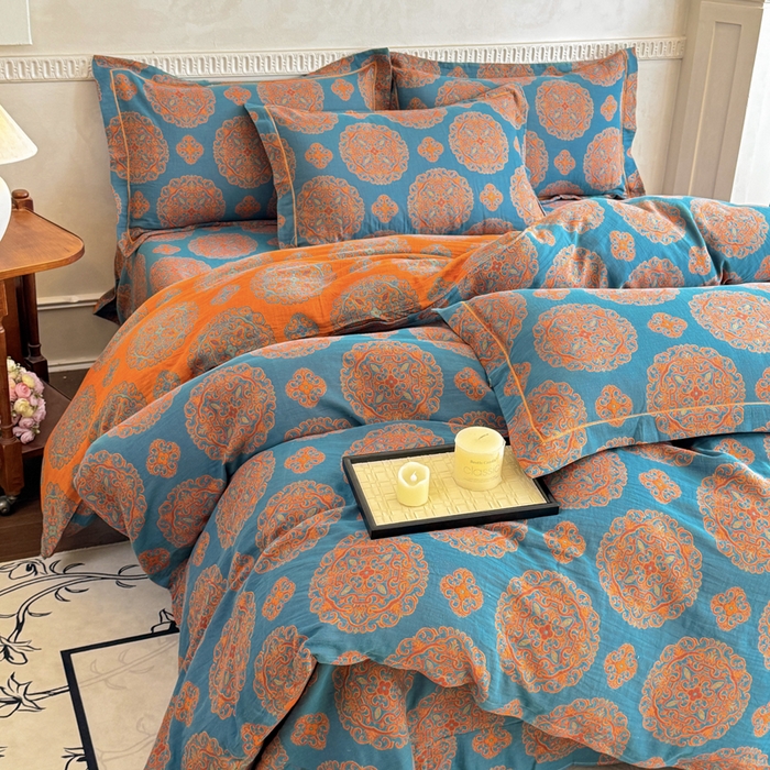 91家纺网 家纺一手货源 找家纺 江南春家纺【幻-暖纱】2025新款A类100%全棉色织提花双层纱四件套 【幻-暖纱】皇家风范-蓝桔