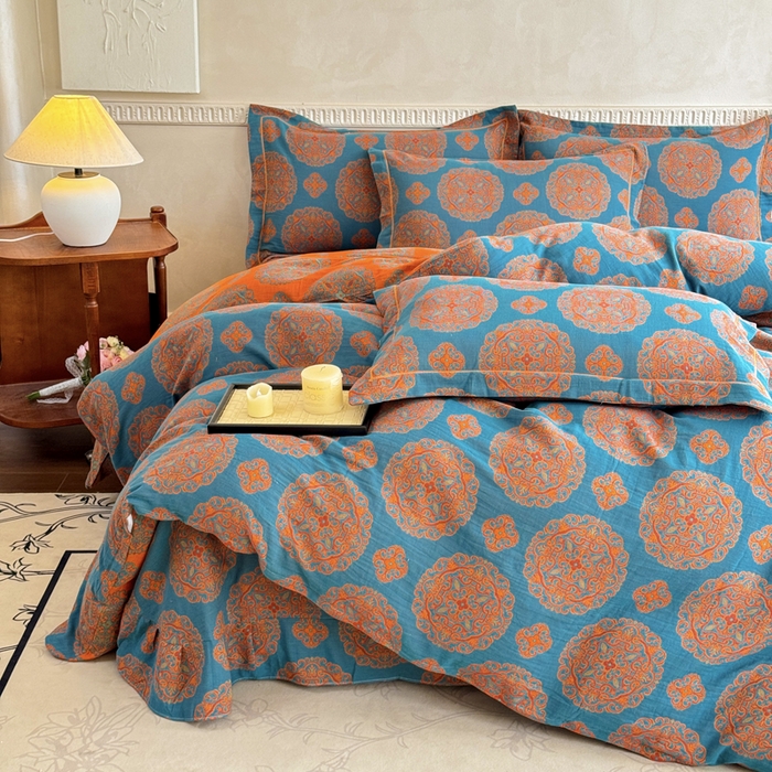 91家纺网 家纺一手货源 找家纺 江南春家纺【幻-暖纱】2025新款A类100%全棉色织提花双层纱四件套 【幻-暖纱】皇家风范-蓝桔