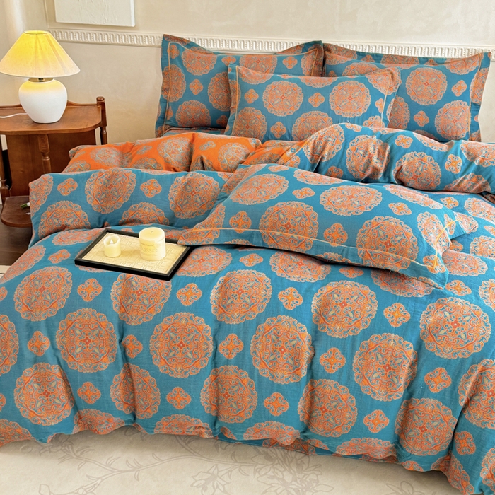 91家纺网 家纺一手货源 找家纺 江南春家纺【幻-暖纱】2025新款A类100%全棉色织提花双层纱四件套 【幻-暖纱】皇家风范-蓝桔