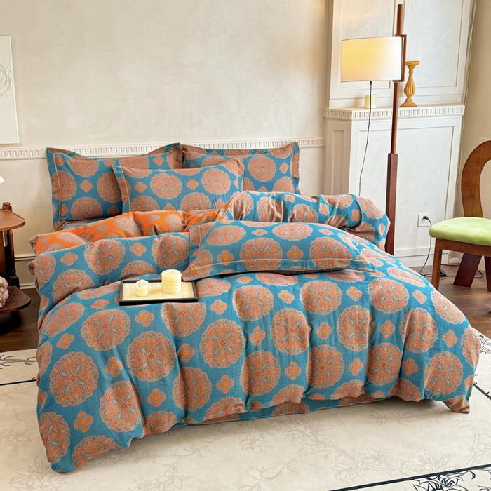 91家纺网 家纺一手货源 找家纺 江南春家纺【幻-暖纱】2025新款A类100%全棉色织提花双层纱四件套 【幻-暖纱】皇家风范-蓝桔