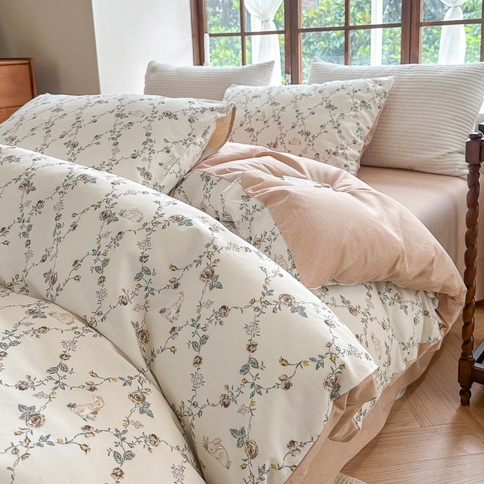 91家纺网 家纺一手货源 找家纺 优彩 2025新款数码印花全棉纯棉磨毛四件套 浅汐