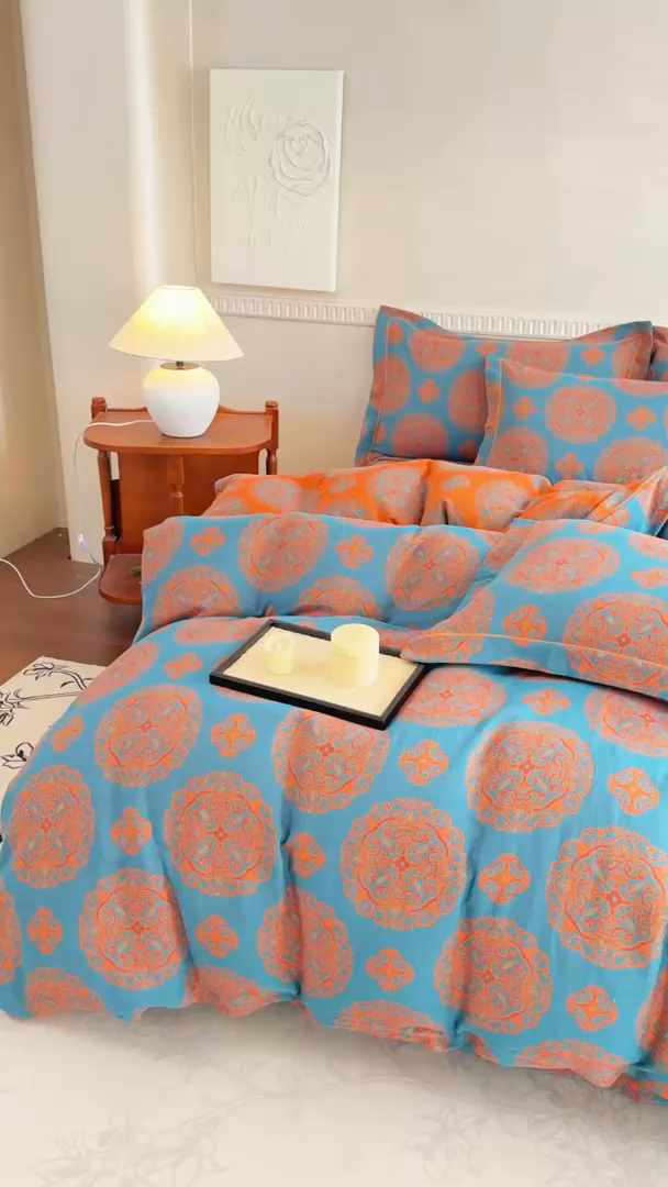 91家纺网 家纺一手货源 找家纺 江南春家纺【幻-暖纱】2025新款A类100%全棉色织提花双层纱四件套 【幻-暖纱】皇家风范-蓝桔