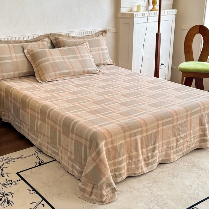 91家纺网 家纺一手货源 找家纺 江南春家纺【幻-暖纱】2025新款A类100%全棉色织提花双层纱四件套 【幻-暖纱】丽维回忆-咖