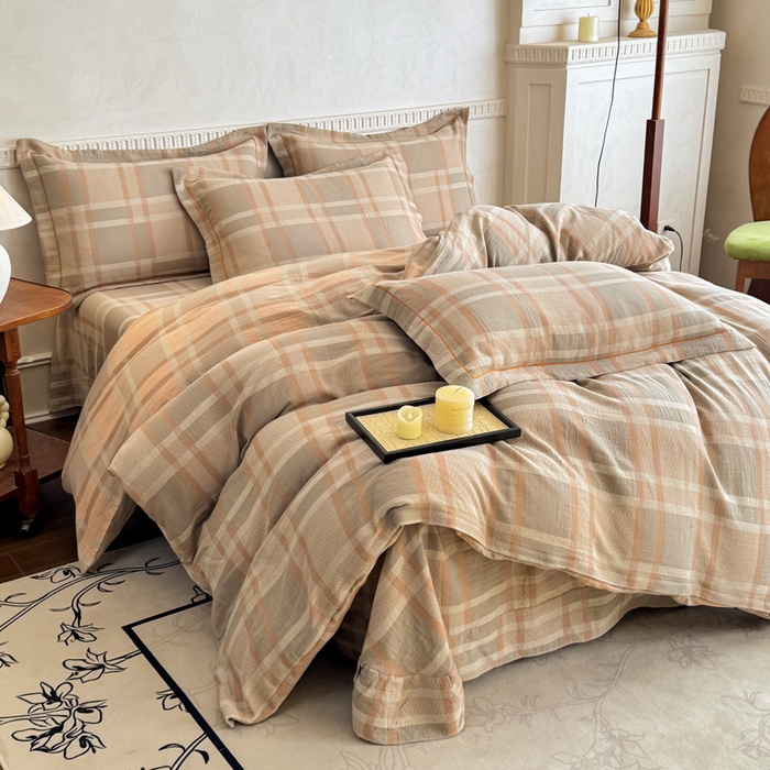 91家纺网 家纺一手货源 找家纺 江南春家纺【幻-暖纱】2025新款A类100%全棉色织提花双层纱四件套 【幻-暖纱】丽维回忆-咖