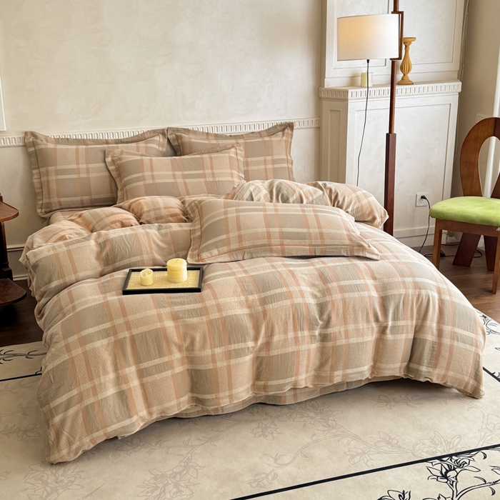 91家纺网 家纺一手货源 找家纺 江南春家纺【幻-暖纱】2025新款A类100%全棉色织提花双层纱四件套 【幻-暖纱】丽维回忆-咖