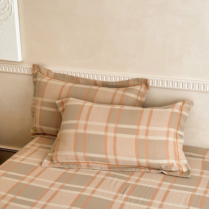 91家纺网 家纺一手货源 找家纺 江南春家纺【幻-暖纱】2025新款A类100%全棉色织提花双层纱四件套 【幻-暖纱】丽维回忆-咖