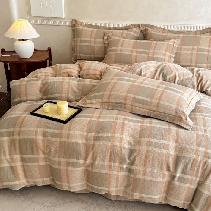 91家纺网 家纺一手货源 找家纺 江南春家纺【幻-暖纱】2025新款A类100%全棉色织提花双层纱四件套 【幻-暖纱】丽维回忆-咖