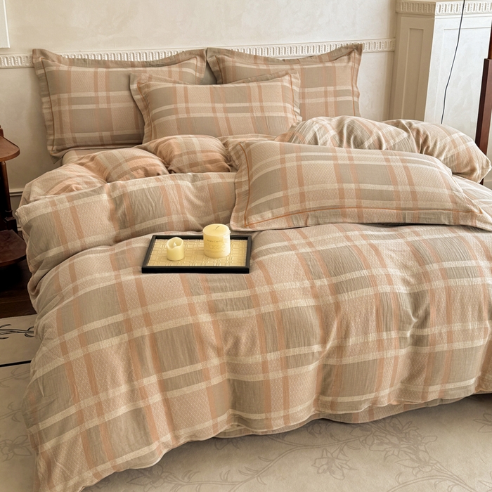 91家纺网 家纺一手货源 找家纺 江南春家纺【幻-暖纱】2025新款A类100%全棉色织提花双层纱四件套 【幻-暖纱】丽维回忆-咖