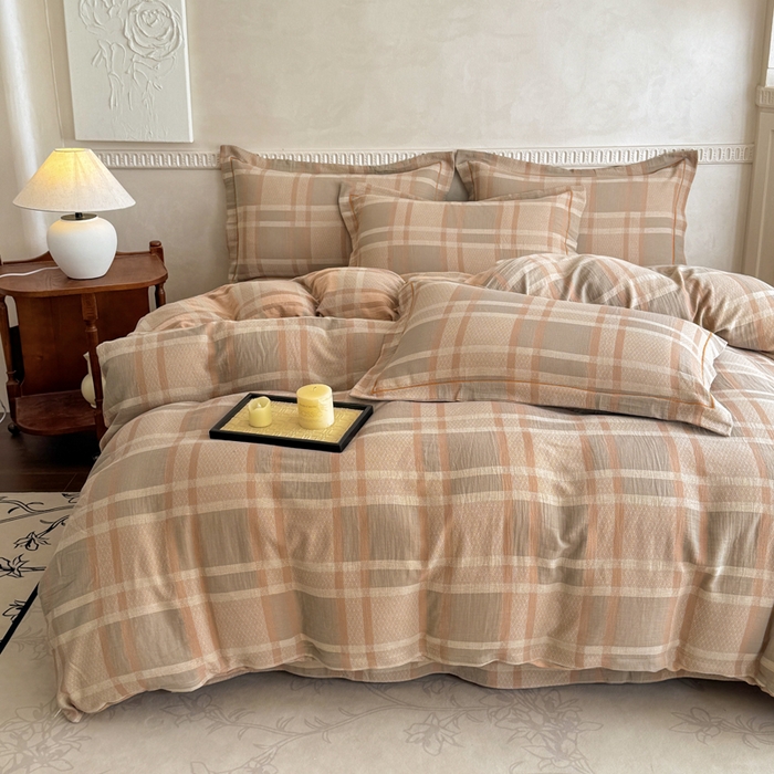 91家纺网 家纺一手货源 找家纺 江南春家纺【幻-暖纱】2025新款A类100%全棉色织提花双层纱四件套 【幻-暖纱】丽维回忆-咖