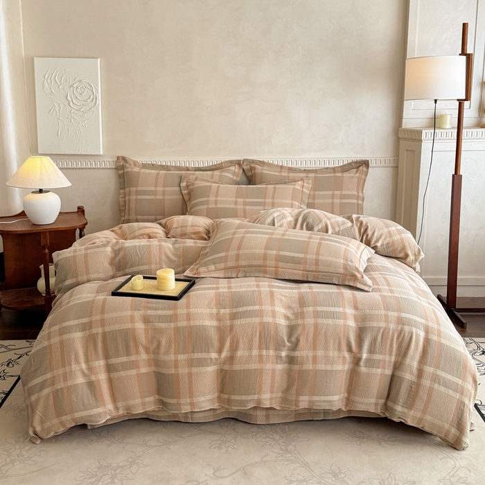 91家纺网 家纺一手货源 找家纺 江南春家纺【幻-暖纱】2025新款A类100%全棉色织提花双层纱四件套 【幻-暖纱】丽维回忆-咖