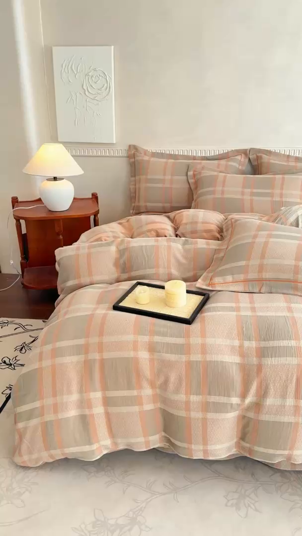 91家纺网 家纺一手货源 找家纺 江南春家纺【幻-暖纱】2025新款A类100%全棉色织提花双层纱四件套 【幻-暖纱】丽维回忆-咖