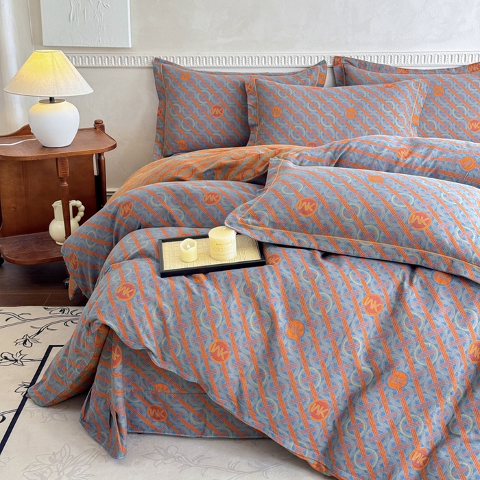 91家纺网 家纺一手货源 找家纺 江南春家纺【幻-暖纱】2025新款A类100%全棉色织提花双层纱四件套 【幻-暖纱】琉璃时光-兰桔