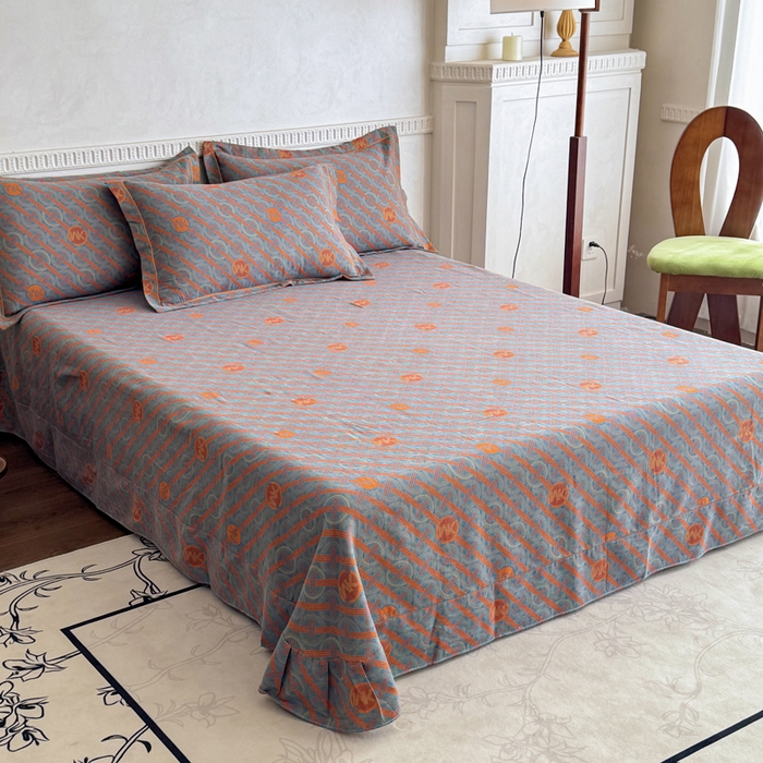 91家纺网 家纺一手货源 找家纺 江南春家纺【幻-暖纱】2025新款A类100%全棉色织提花双层纱四件套 【幻-暖纱】琉璃时光-兰桔