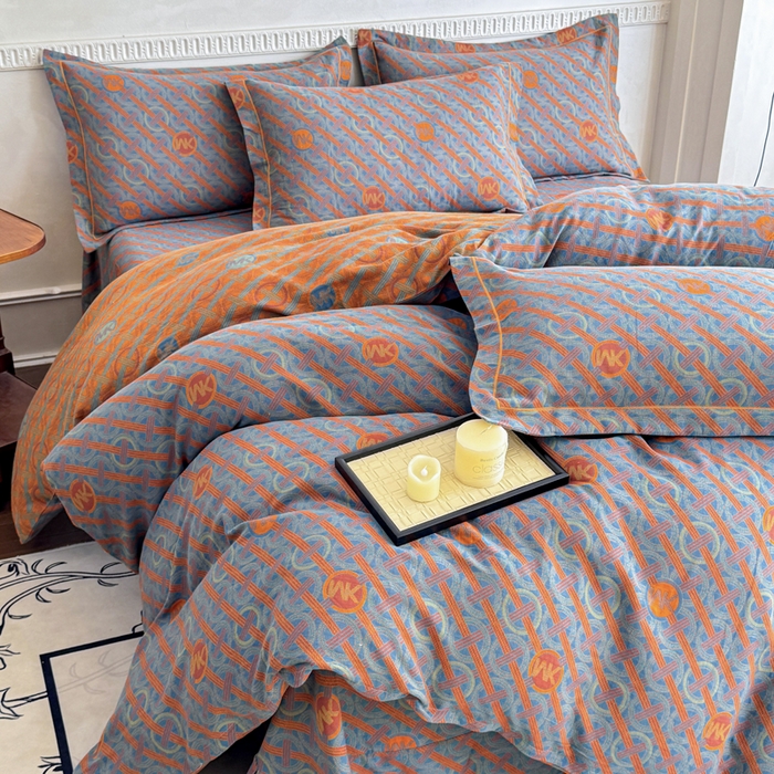 91家纺网 家纺一手货源 找家纺 江南春家纺【幻-暖纱】2025新款A类100%全棉色织提花双层纱四件套 【幻-暖纱】琉璃时光-兰桔