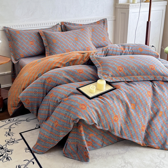 91家纺网 家纺一手货源 找家纺 江南春家纺【幻-暖纱】2025新款A类100%全棉色织提花双层纱四件套 【幻-暖纱】琉璃时光-兰桔