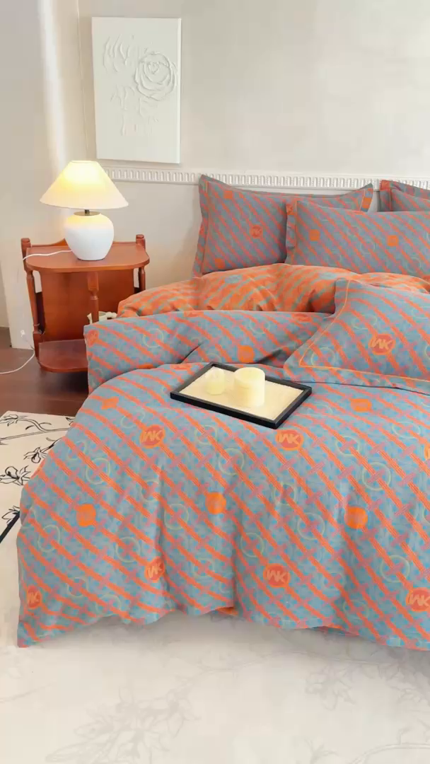 91家纺网 家纺一手货源 找家纺 江南春家纺【幻-暖纱】2025新款A类100%全棉色织提花双层纱四件套 【幻-暖纱】琉璃时光-兰桔