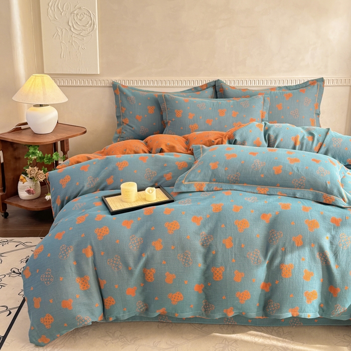 91家纺网 家纺一手货源 找家纺 江南春家纺【幻-暖纱】2025新款A类100%全棉色织提花双层纱四件套 【幻-暖纱】萌熊乐园-桔兰