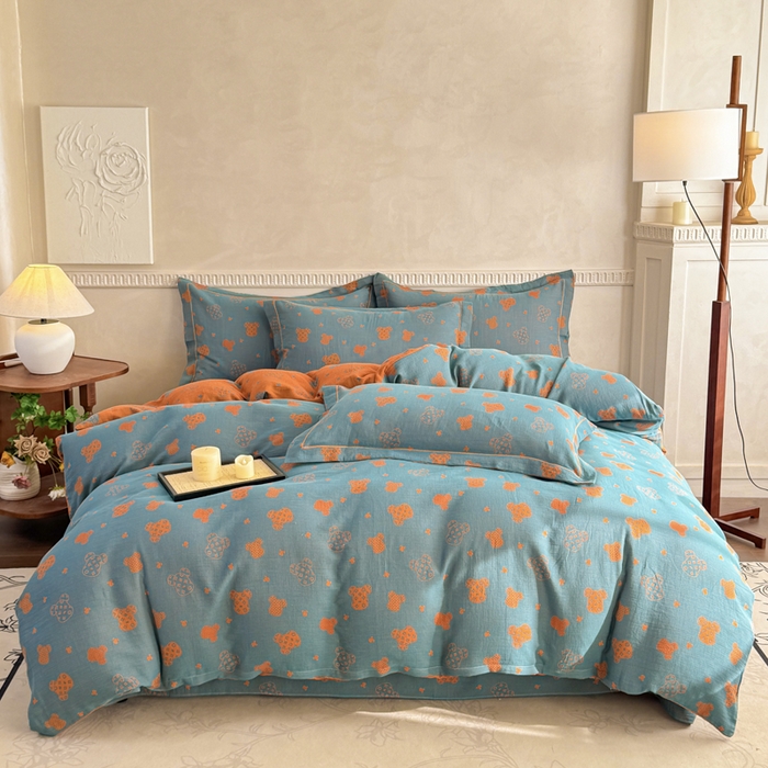 91家纺网 家纺一手货源 找家纺 江南春家纺【幻-暖纱】2025新款A类100%全棉色织提花双层纱四件套 【幻-暖纱】萌熊乐园-桔兰