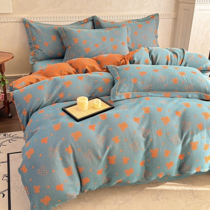 91家纺网 家纺一手货源 找家纺 江南春家纺【幻-暖纱】2025新款A类100%全棉色织提花双层纱四件套 【幻-暖纱】萌熊乐园-桔兰