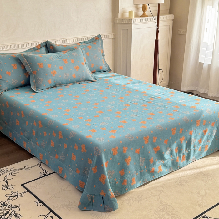 91家纺网 家纺一手货源 找家纺 江南春家纺【幻-暖纱】2025新款A类100%全棉色织提花双层纱四件套 【幻-暖纱】萌熊乐园-桔兰