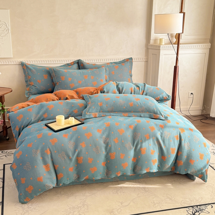 91家纺网 家纺一手货源 找家纺 江南春家纺【幻-暖纱】2025新款A类100%全棉色织提花双层纱四件套 【幻-暖纱】萌熊乐园-桔兰