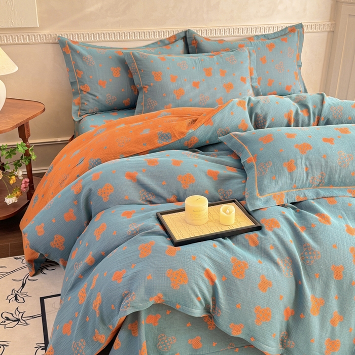 91家纺网 家纺一手货源 找家纺 江南春家纺【幻-暖纱】2025新款A类100%全棉色织提花双层纱四件套 【幻-暖纱】萌熊乐园-桔兰