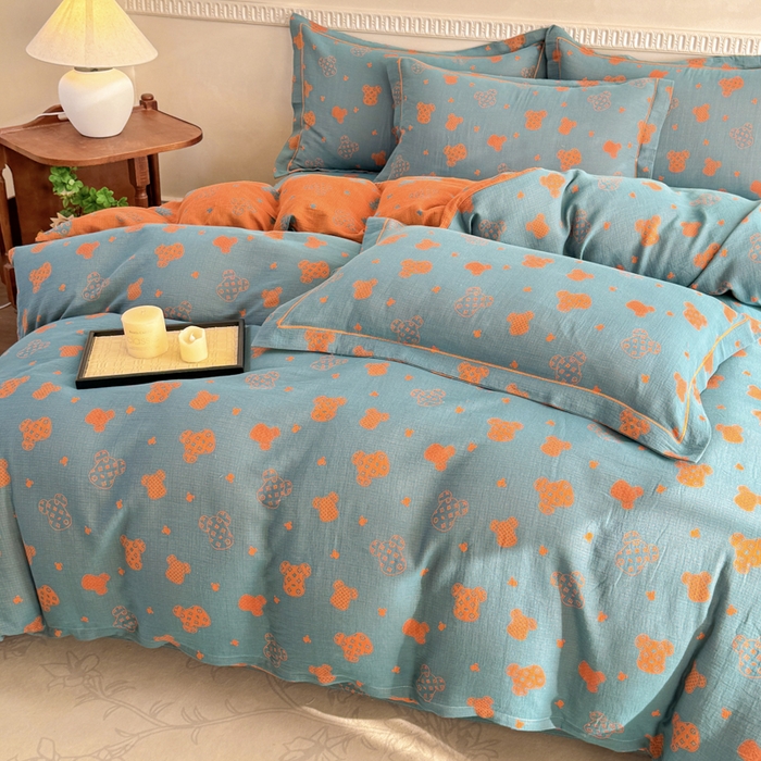 91家纺网 家纺一手货源 找家纺 江南春家纺【幻-暖纱】2025新款A类100%全棉色织提花双层纱四件套 【幻-暖纱】萌熊乐园-桔兰