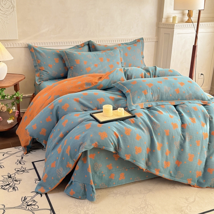 91家纺网 家纺一手货源 找家纺 江南春家纺【幻-暖纱】2025新款A类100%全棉色织提花双层纱四件套 【幻-暖纱】萌熊乐园-桔兰