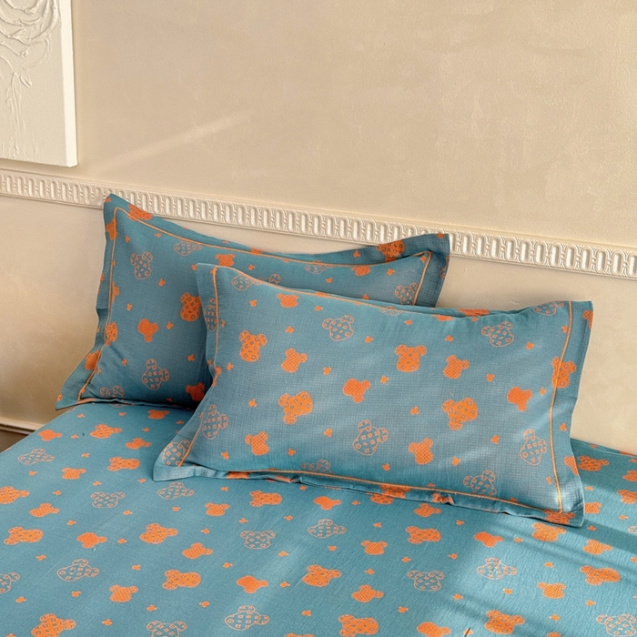 91家纺网 家纺一手货源 找家纺 江南春家纺【幻-暖纱】2025新款A类100%全棉色织提花双层纱四件套 【幻-暖纱】萌熊乐园-桔兰