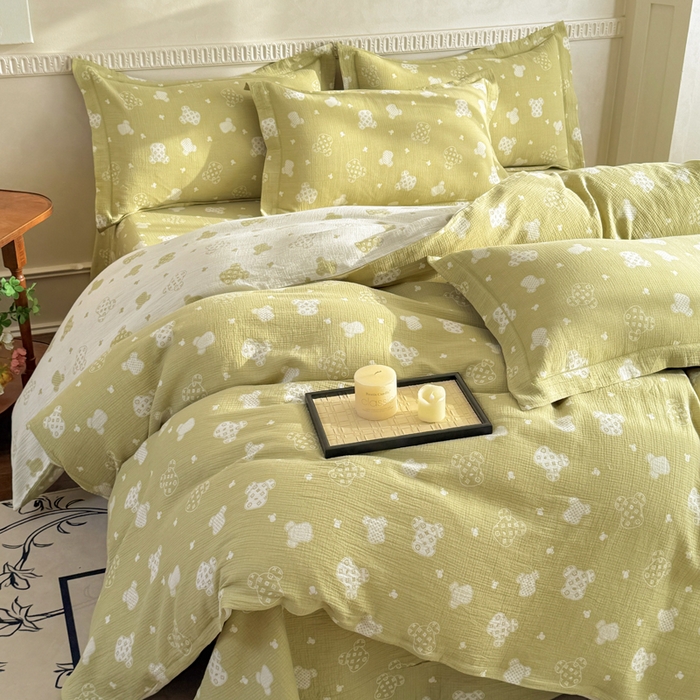 91家纺网 家纺一手货源 找家纺 江南春家纺【幻-暖纱】2025新款A类100%全棉色织提花双层纱四件套 【幻-暖纱】萌熊乐园-绿