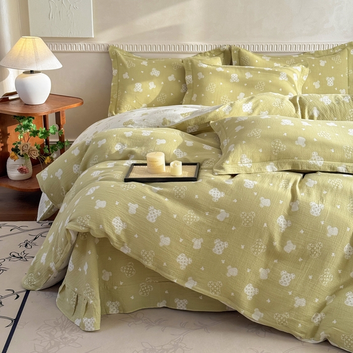 91家纺网 家纺一手货源 找家纺 江南春家纺【幻-暖纱】2025新款A类100%全棉色织提花双层纱四件套 【幻-暖纱】萌熊乐园-绿