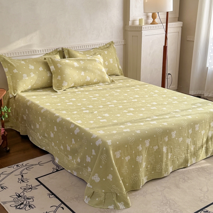 91家纺网 家纺一手货源 找家纺 江南春家纺【幻-暖纱】2025新款A类100%全棉色织提花双层纱四件套 【幻-暖纱】萌熊乐园-绿