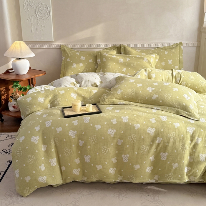 91家纺网 家纺一手货源 找家纺 江南春家纺【幻-暖纱】2025新款A类100%全棉色织提花双层纱四件套 【幻-暖纱】萌熊乐园-绿