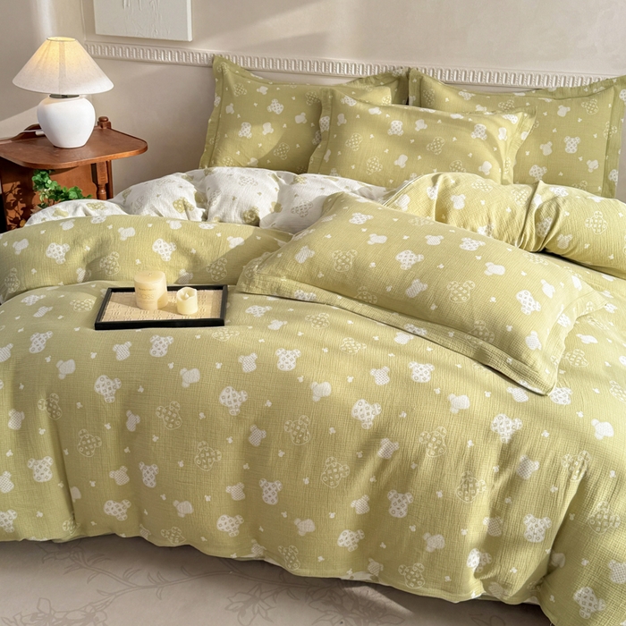 91家纺网 家纺一手货源 找家纺 江南春家纺【幻-暖纱】2025新款A类100%全棉色织提花双层纱四件套 【幻-暖纱】萌熊乐园-绿