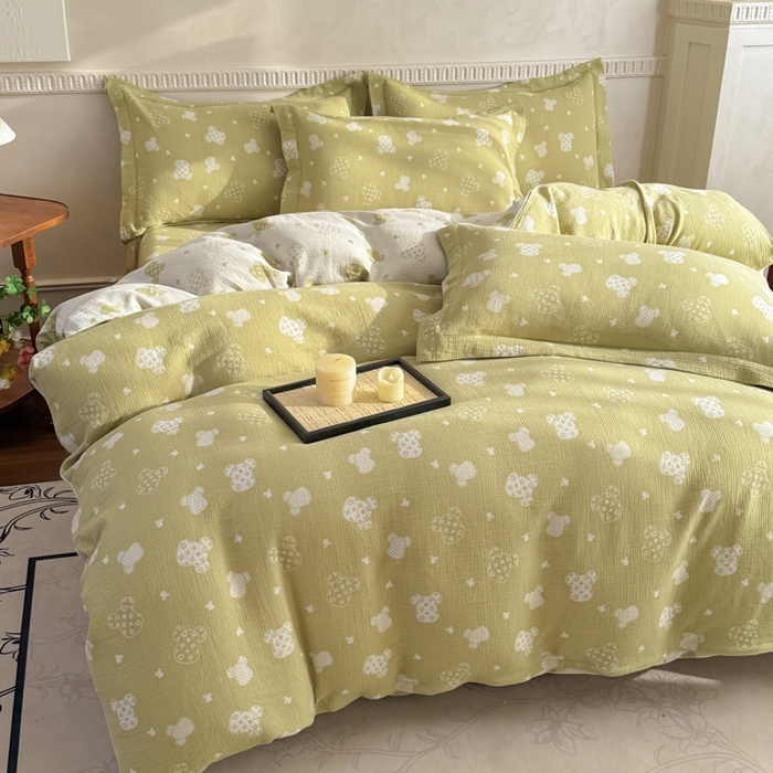 91家纺网 家纺一手货源 找家纺 江南春家纺【幻-暖纱】2025新款A类100%全棉色织提花双层纱四件套 【幻-暖纱】萌熊乐园-绿