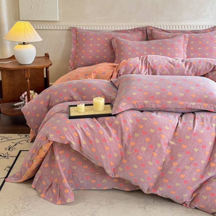 91家纺网 家纺一手货源 找家纺 江南春家纺【幻-暖纱】2025新款A类100%全棉色织提花双层纱四件套 【幻-暖纱】沁心-紫橙