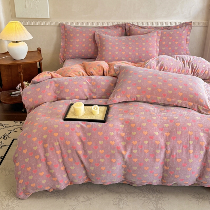 91家纺网 家纺一手货源 找家纺 江南春家纺【幻-暖纱】2025新款A类100%全棉色织提花双层纱四件套 【幻-暖纱】沁心-紫橙