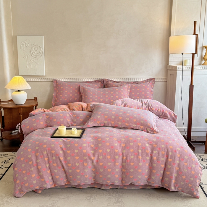 91家纺网 家纺一手货源 找家纺 江南春家纺【幻-暖纱】2025新款A类100%全棉色织提花双层纱四件套 【幻-暖纱】沁心-紫橙