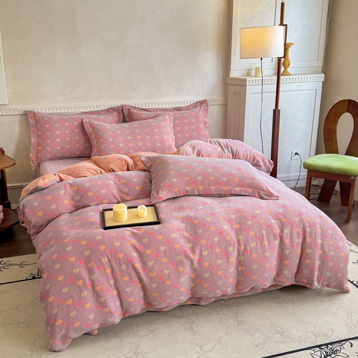 91家纺网 家纺一手货源 找家纺 江南春家纺【幻-暖纱】2025新款A类100%全棉色织提花双层纱四件套 【幻-暖纱】沁心-紫橙