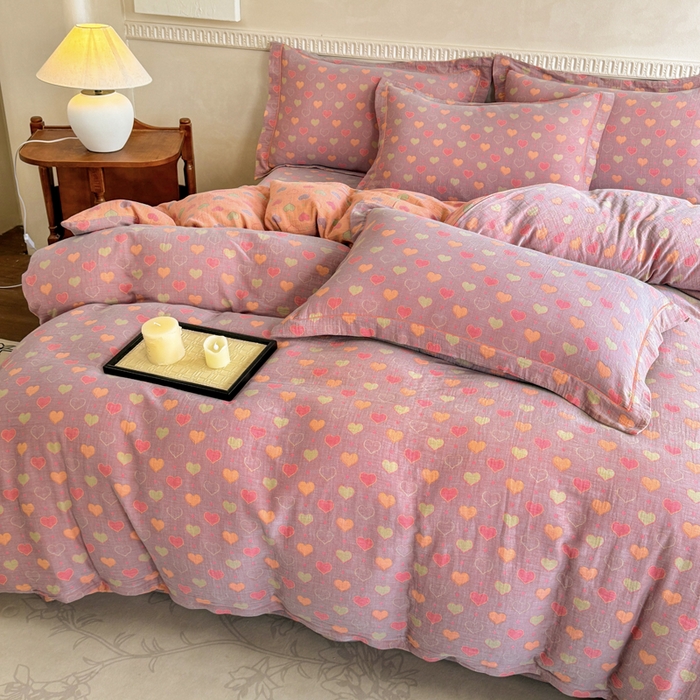 91家纺网 家纺一手货源 找家纺 江南春家纺【幻-暖纱】2025新款A类100%全棉色织提花双层纱四件套 【幻-暖纱】沁心-紫橙