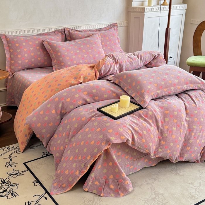 91家纺网 家纺一手货源 找家纺 江南春家纺【幻-暖纱】2025新款A类100%全棉色织提花双层纱四件套 【幻-暖纱】沁心-紫橙