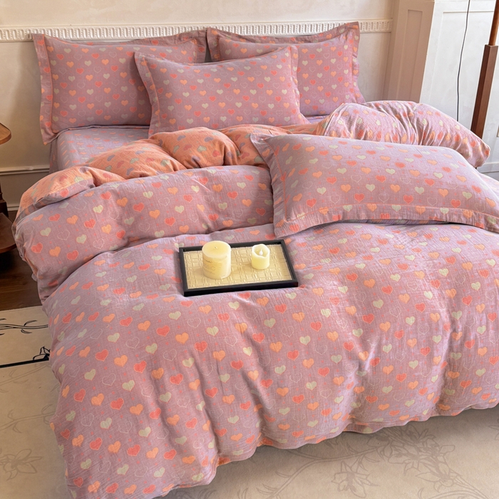 91家纺网 家纺一手货源 找家纺 江南春家纺【幻-暖纱】2025新款A类100%全棉色织提花双层纱四件套 【幻-暖纱】沁心-紫橙